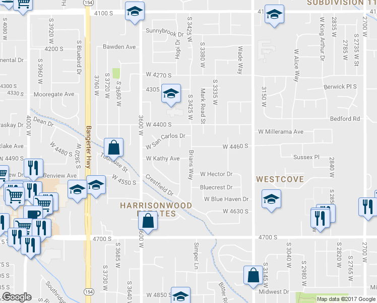 map of restaurants, bars, coffee shops, grocery stores, and more near 3443 West Kathy Avenue in West Valley City