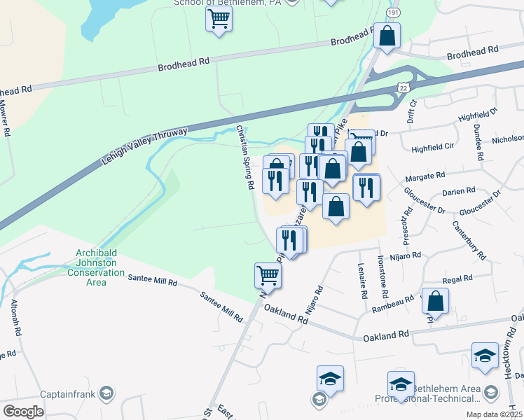 map of restaurants, bars, coffee shops, grocery stores, and more near 3810 Christian Spring Road in Bethlehem