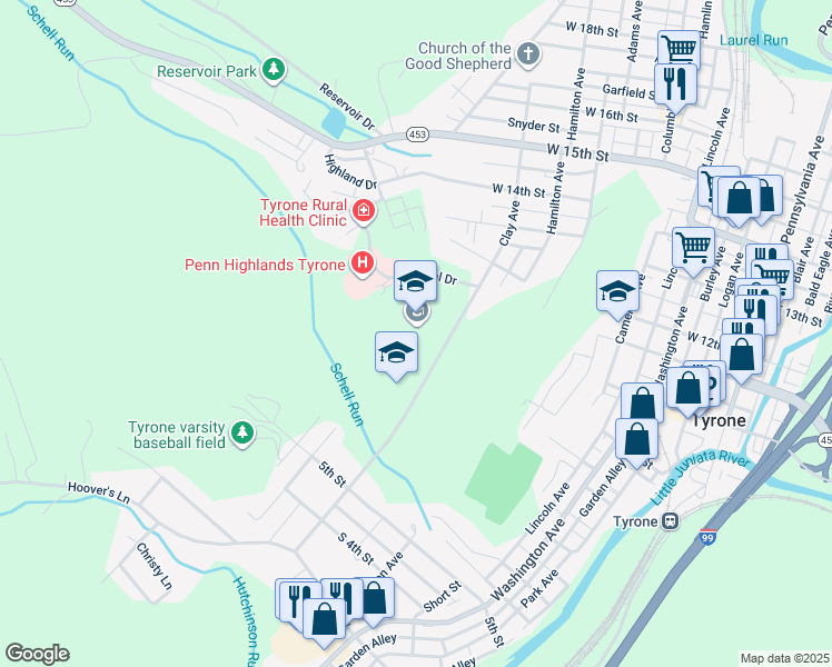 map of restaurants, bars, coffee shops, grocery stores, and more near 1001 Clay Avenue in Tyrone
