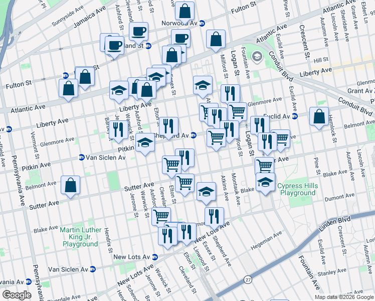 map of restaurants, bars, coffee shops, grocery stores, and more near 441 Essex Street in Brooklyn
