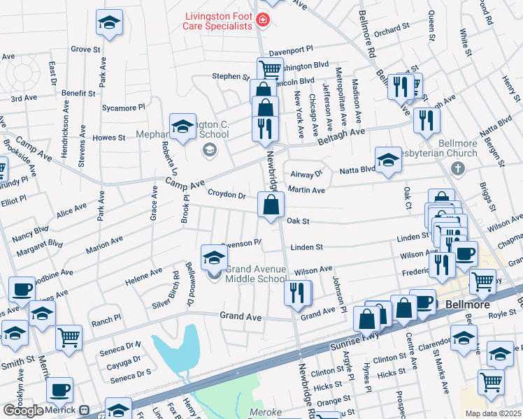 map of restaurants, bars, coffee shops, grocery stores, and more near 510 Oak Street in Bellmore