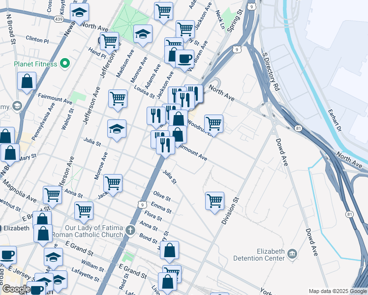 map of restaurants, bars, coffee shops, grocery stores, and more near 900 Fairmount Avenue in Elizabeth