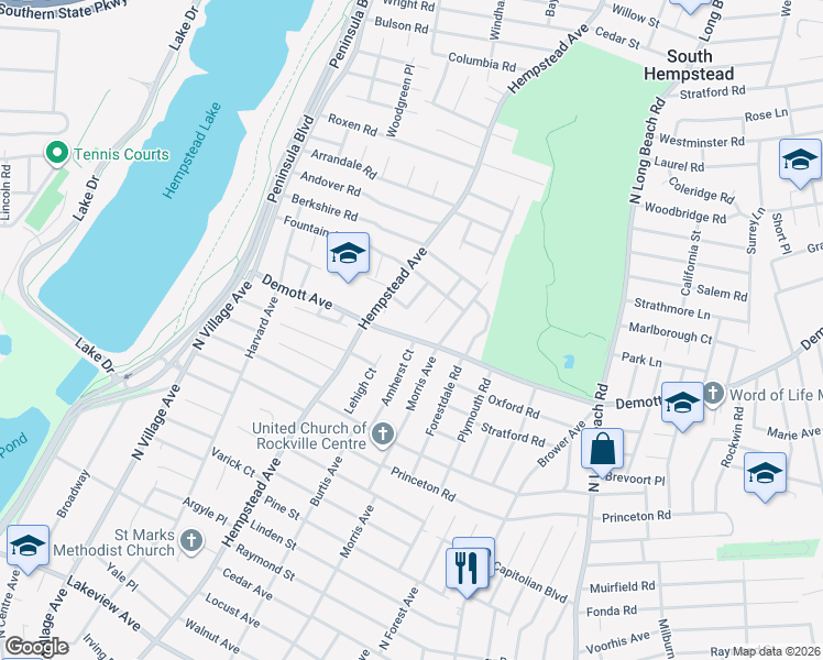 map of restaurants, bars, coffee shops, grocery stores, and more near 66 Amherst Court in Rockville Centre