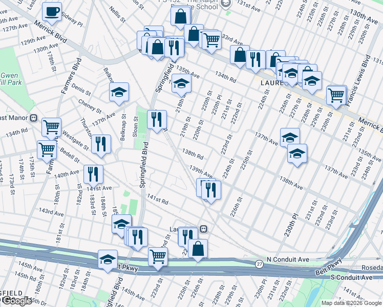 map of restaurants, bars, coffee shops, grocery stores, and more near 139-10 222nd Street in Queens