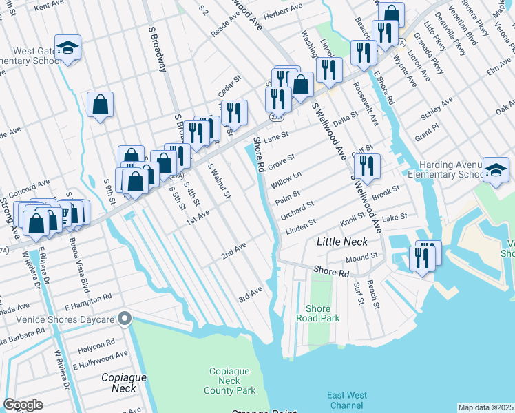 map of restaurants, bars, coffee shops, grocery stores, and more near 742 South Pecan Street in Lindenhurst