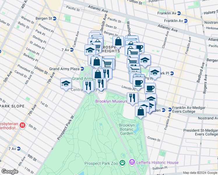 map of restaurants, bars, coffee shops, grocery stores, and more near 41 Eastern Parkway in Brooklyn