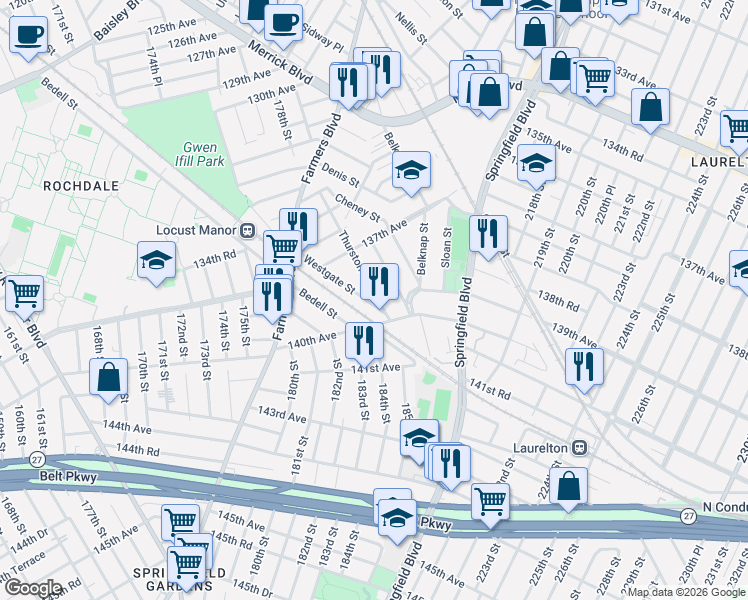 map of restaurants, bars, coffee shops, grocery stores, and more near 98 Thurston Street in Queens