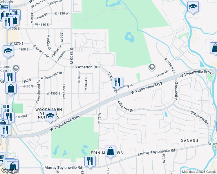 map of restaurants, bars, coffee shops, grocery stores, and more near 4480 South Atherton Drive in Taylorsville