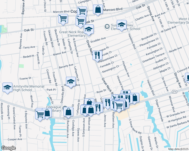 map of restaurants, bars, coffee shops, grocery stores, and more near 4 Anthony Court in Copiague