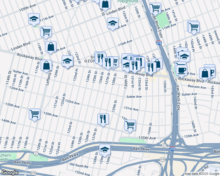 map of restaurants, bars, coffee shops, grocery stores, and more near 128-2 Sutter Avenue in Queens