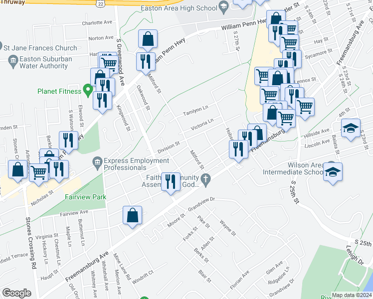 map of restaurants, bars, coffee shops, grocery stores, and more near 900 Milford Street in Easton