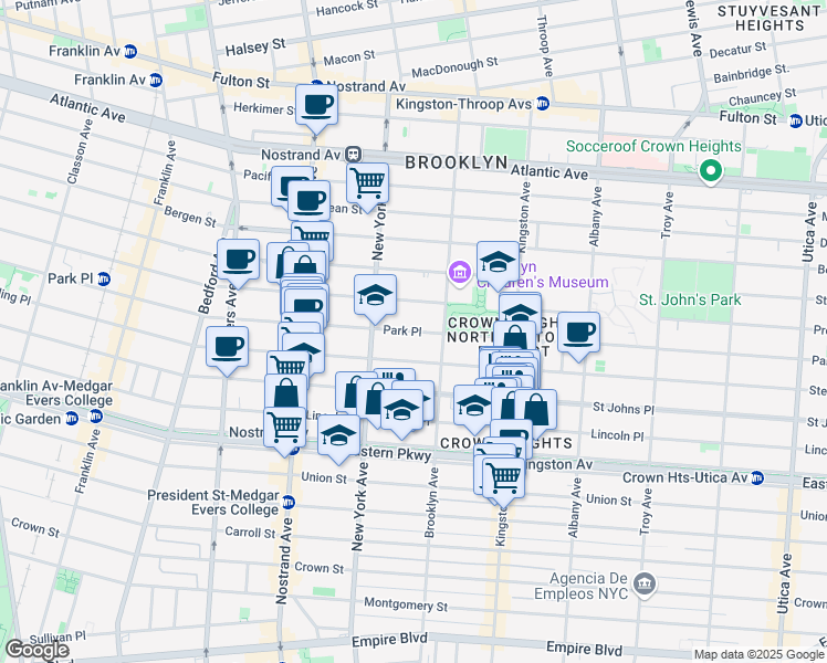 map of restaurants, bars, coffee shops, grocery stores, and more near Park Place in Brooklyn