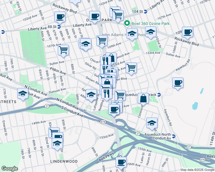 map of restaurants, bars, coffee shops, grocery stores, and more near 135-26 Cross Bay Boulevard in Queens