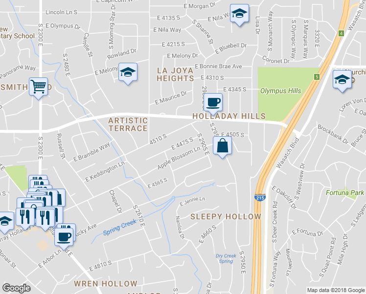 map of restaurants, bars, coffee shops, grocery stores, and more near 2820 East 4475 South in Holladay