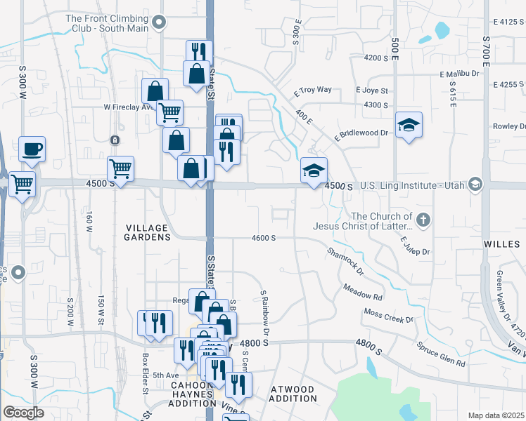 map of restaurants, bars, coffee shops, grocery stores, and more near 4539 South 200 East in Murray