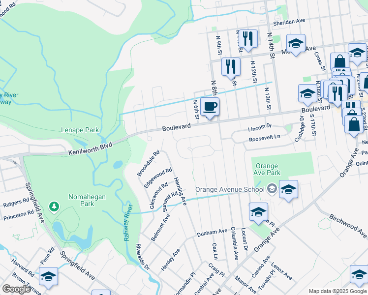 map of restaurants, bars, coffee shops, grocery stores, and more near 1 Park Drive in Kenilworth