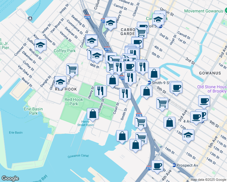 map of restaurants, bars, coffee shops, grocery stores, and more near 333 Court Street in Brooklyn