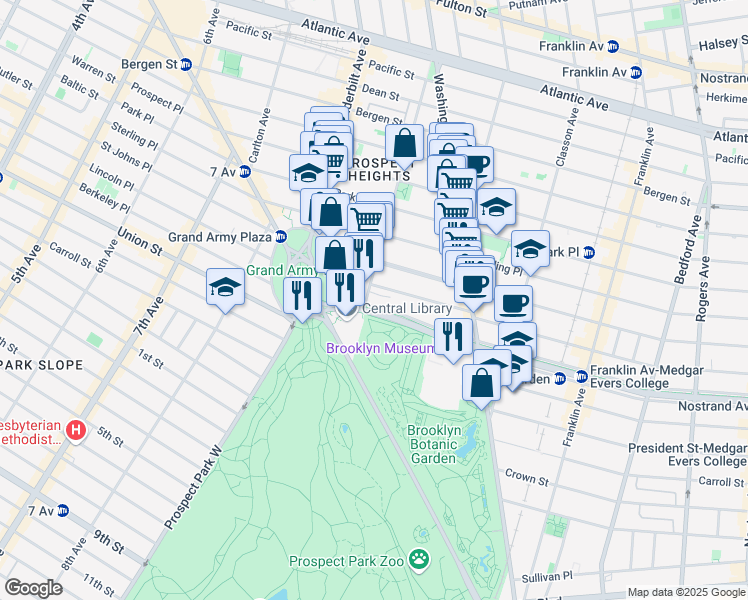 map of restaurants, bars, coffee shops, grocery stores, and more near 41 Eastern Parkway in Brooklyn