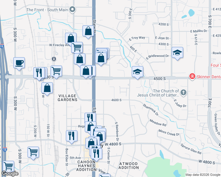 map of restaurants, bars, coffee shops, grocery stores, and more near 155 4600 South in Murray