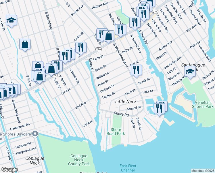 map of restaurants, bars, coffee shops, grocery stores, and more near 77 Orchard Street in Lindenhurst