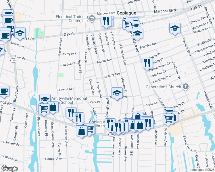 map of restaurants, bars, coffee shops, grocery stores, and more near 160 Deauville Boulevard in Copiague