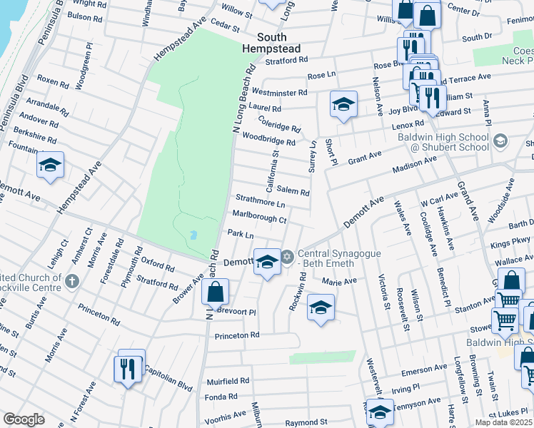 map of restaurants, bars, coffee shops, grocery stores, and more near 43 Park Lane in Rockville Centre