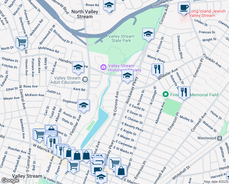 map of restaurants, bars, coffee shops, grocery stores, and more near 51 West Euclid Street in Valley Stream