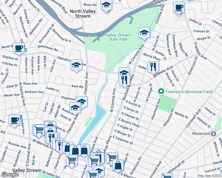 map of restaurants, bars, coffee shops, grocery stores, and more near 51 West Euclid Street in Valley Stream