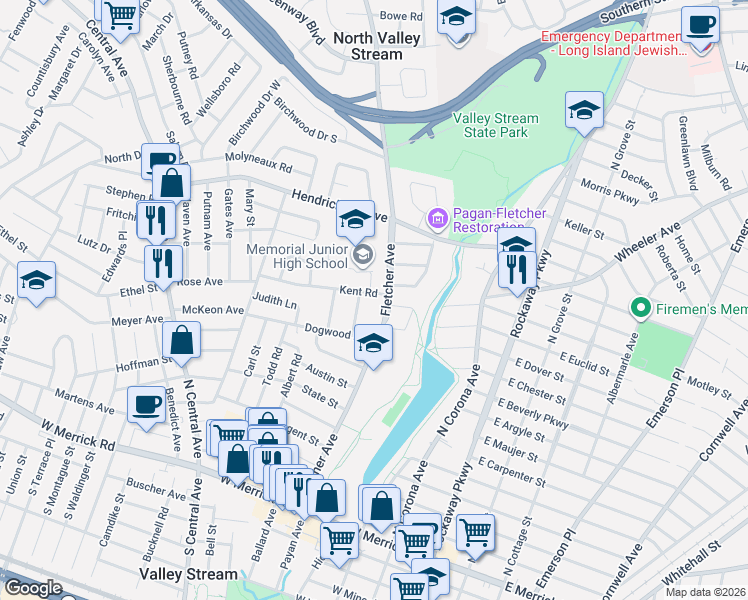 map of restaurants, bars, coffee shops, grocery stores, and more near 15 Highland Road in Valley Stream