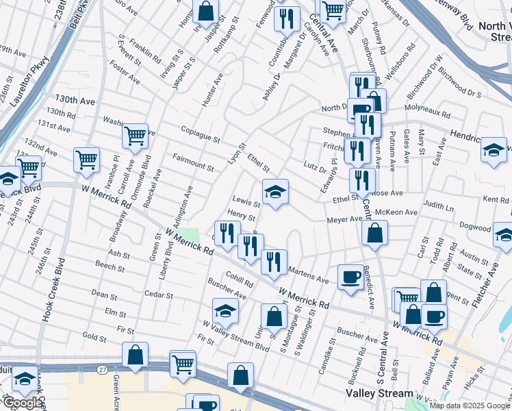 map of restaurants, bars, coffee shops, grocery stores, and more near 105 Henry Street in Valley Stream