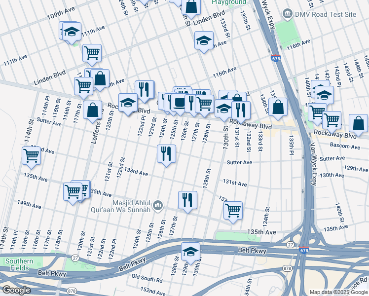 map of restaurants, bars, coffee shops, grocery stores, and more near 126-12 Sutter Avenue in Queens