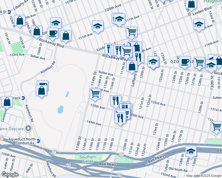 map of restaurants, bars, coffee shops, grocery stores, and more near 133-08 117th Street in Queens