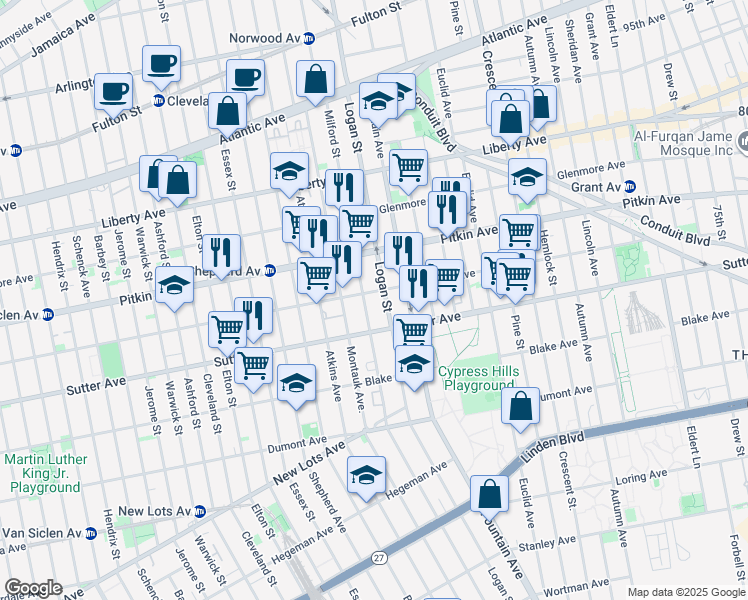 map of restaurants, bars, coffee shops, grocery stores, and more near 277 Milford Street in Brooklyn