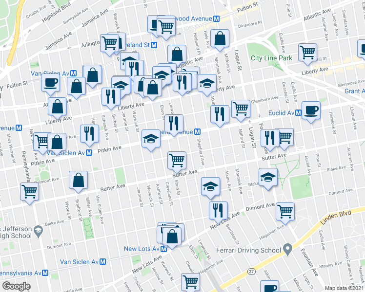 map of restaurants, bars, coffee shops, grocery stores, and more near 522 Linwood Street in Brooklyn