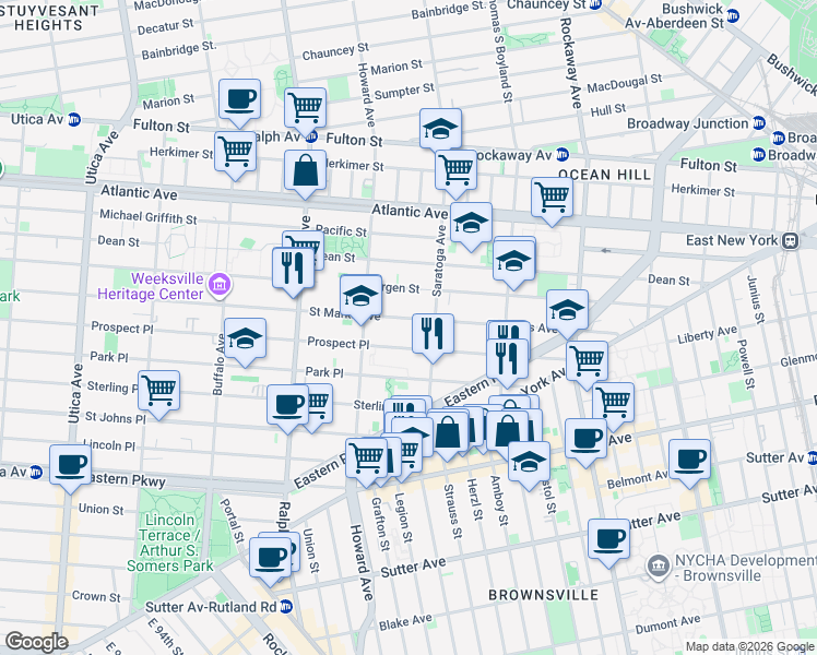 map of restaurants, bars, coffee shops, grocery stores, and more near 1752 Prospect Place in Brooklyn
