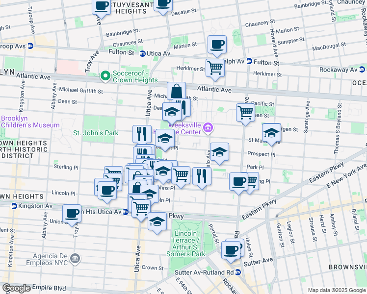 map of restaurants, bars, coffee shops, grocery stores, and more near 1505 Park Place in Brooklyn
