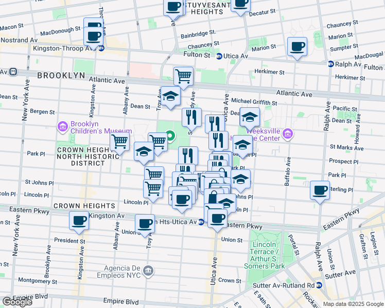 map of restaurants, bars, coffee shops, grocery stores, and more near 1328 Park Place in Brooklyn