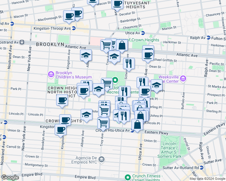 map of restaurants, bars, coffee shops, grocery stores, and more near 1282 Park Place in Brooklyn