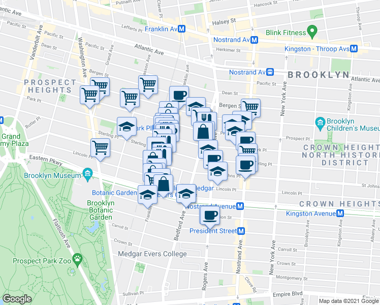 map of restaurants, bars, coffee shops, grocery stores, and more near 1480 Bedford Avenue in Brooklyn