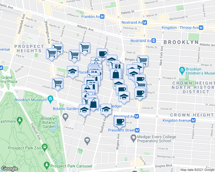map of restaurants, bars, coffee shops, grocery stores, and more near 1480 Bedford Avenue in Brooklyn