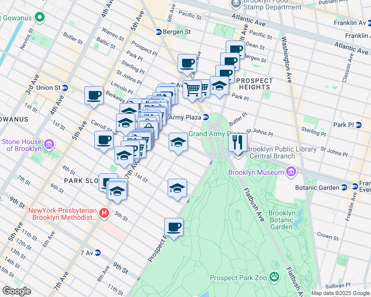 map of restaurants, bars, coffee shops, grocery stores, and more near 916 President Street in Brooklyn