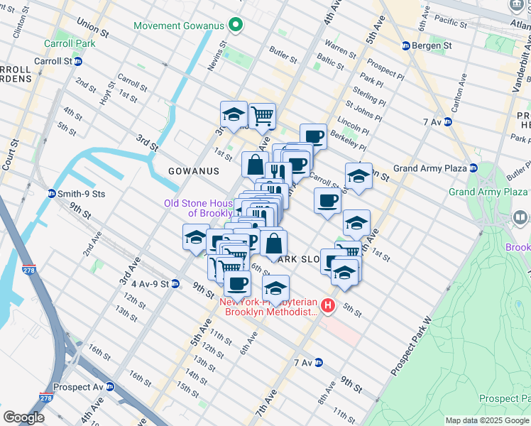 map of restaurants, bars, coffee shops, grocery stores, and more near 341 5th Avenue in Brooklyn