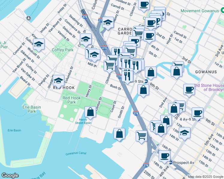 map of restaurants, bars, coffee shops, grocery stores, and more near 622 Court Street in Brooklyn