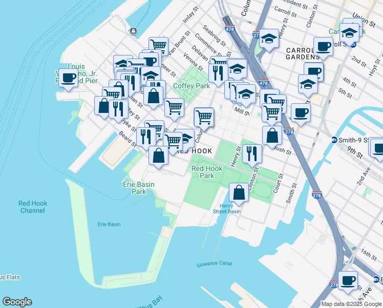 map of restaurants, bars, coffee shops, grocery stores, and more near 560 Columbia Street in Brooklyn