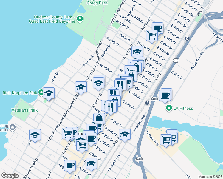 map of restaurants, bars, coffee shops, grocery stores, and more near 15 West 33rd Street in Bayonne