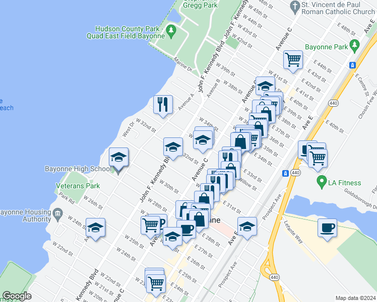 map of restaurants, bars, coffee shops, grocery stores, and more near 63 West 32nd Street in Bayonne