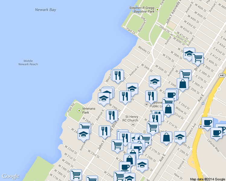 map of restaurants, bars, coffee shops, grocery stores, and more near 6 West 30th Street in Bayonne