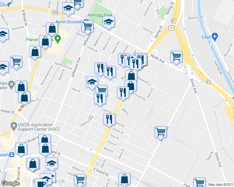 map of restaurants, bars, coffee shops, grocery stores, and more near 1021 Julia Street in Elizabeth
