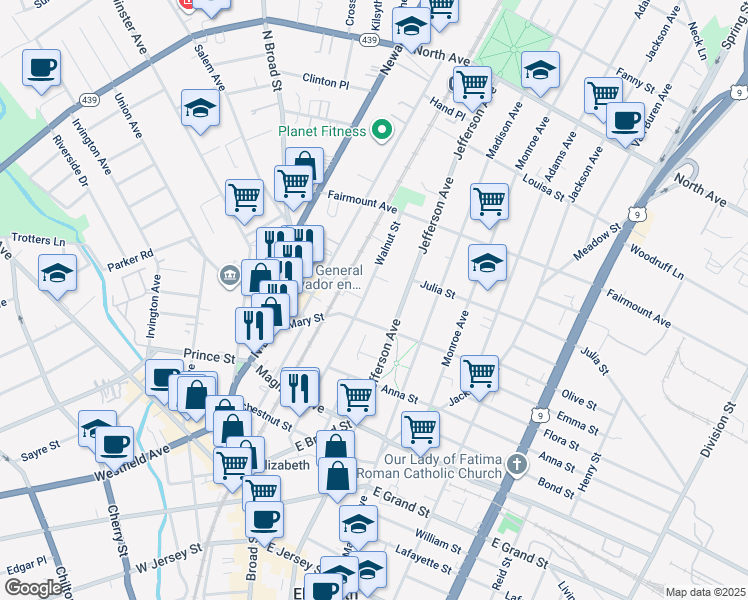 map of restaurants, bars, coffee shops, grocery stores, and more near 1147 Mary Street in Elizabeth