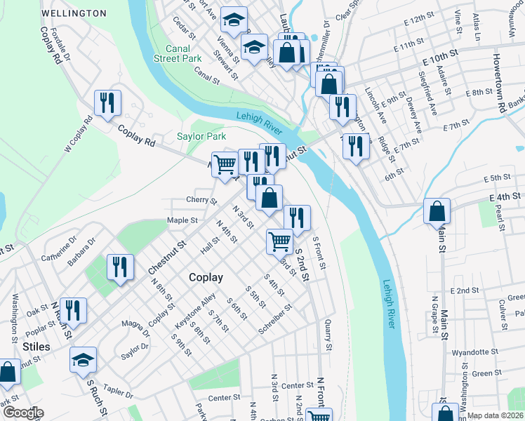 map of restaurants, bars, coffee shops, grocery stores, and more near 215 Coplay Street in Coplay